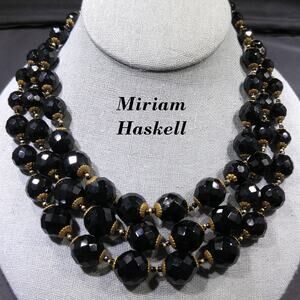 Vintage Miriam Haskell Black Glass Bead Necklace 3 Strand Gold Tone 1960s